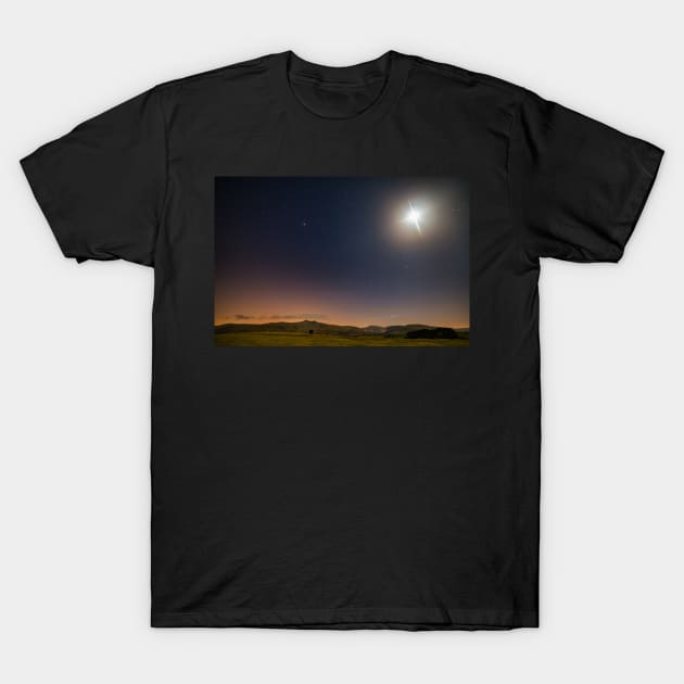 The moon and stars over Pen y Fan and Corn Du T-Shirt by dasantillo